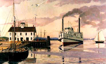 Painting by Richard Brooks, courtesy of the Connecticut River Museum. A steamer from the late 1800�s arriving at Steamboat Dock to unload passengers and cargo. 