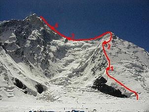 North route up Khan Tengri, showing the 4 camps. Copyright: Rick Hudson.